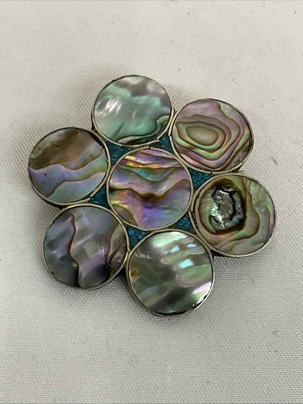 VTG VINTGE MEXICAN IRIDESCENT ABALONE FLOWER BROOCH PENDANT